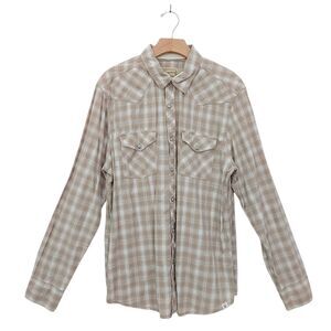 Roebuck & Co Shirt Mens Large Beige Plaid Pearl Button Long Sleeve Southwestern